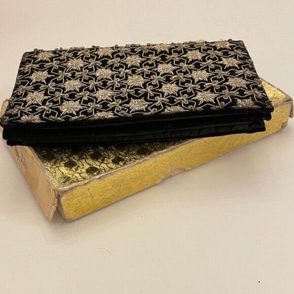 BLACK AND GOLD STAR CLUTCH  VINTAGE EMBROIDERED VELVET . Made in India - Picture 2 of 8